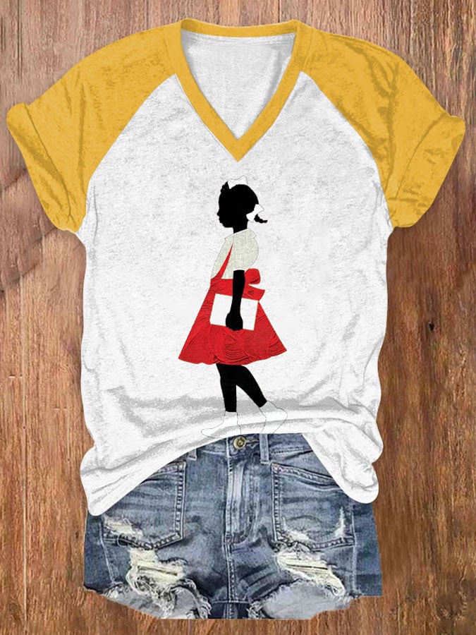 Women's Black Girl In Red Dress Art Printed Short-Sleeved T-Shirt